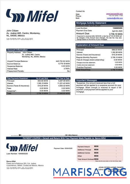 Downloadable Mexico Banca Mifel mortgage statement Word and PDF template